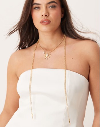 Curve multirow necklace with long tassel detail in gold tone