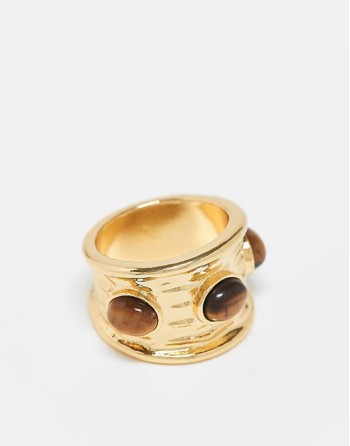Curve 14k gold plated ring with real tigers eye semi precious stone design