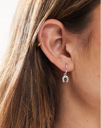 hoop earrings with horseshoe charm in sterling silver
