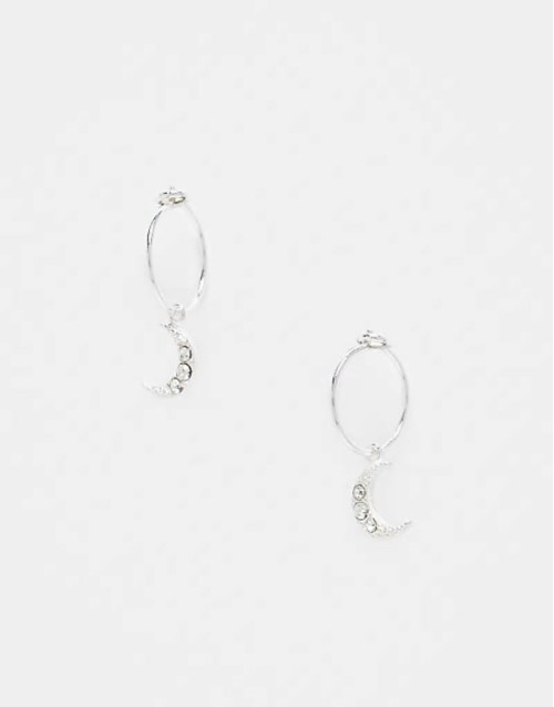 crystal moon charm hoop earrings in sterling silver