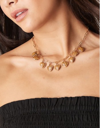 necklace with faux tigers eye heart charms in gold tone