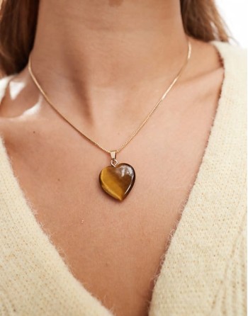 necklace with real tigers eye heart pendant in gold tone