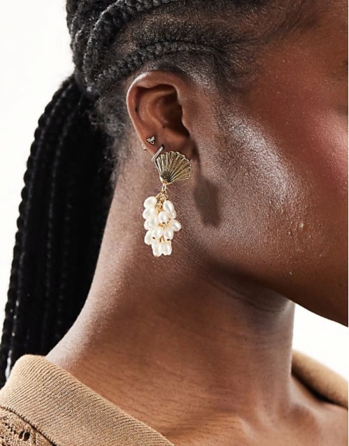 shell and pearl drop earrings in gold